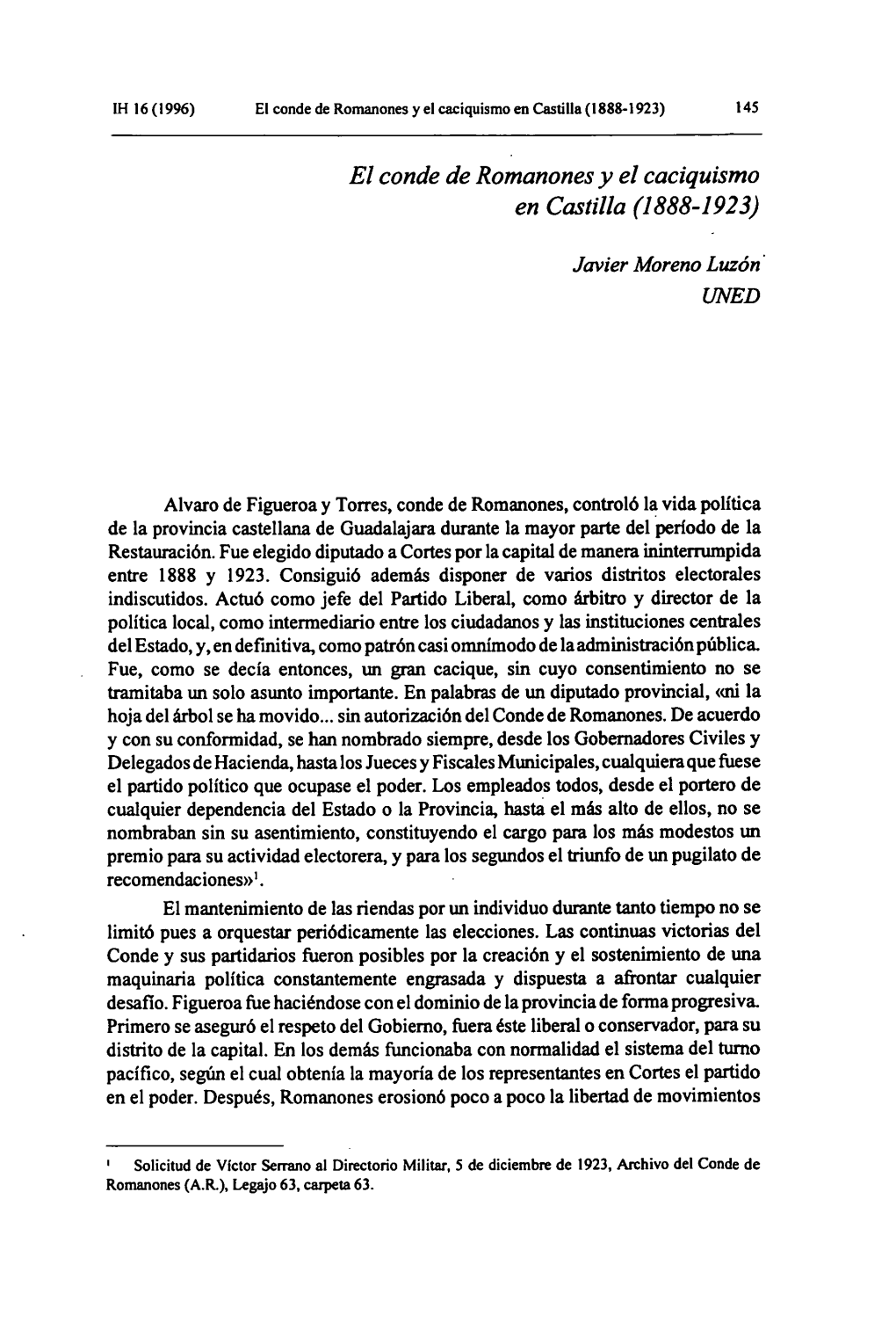 El Conde De Romanones Y El Caciquismo En Castilla (1888-1923) 145