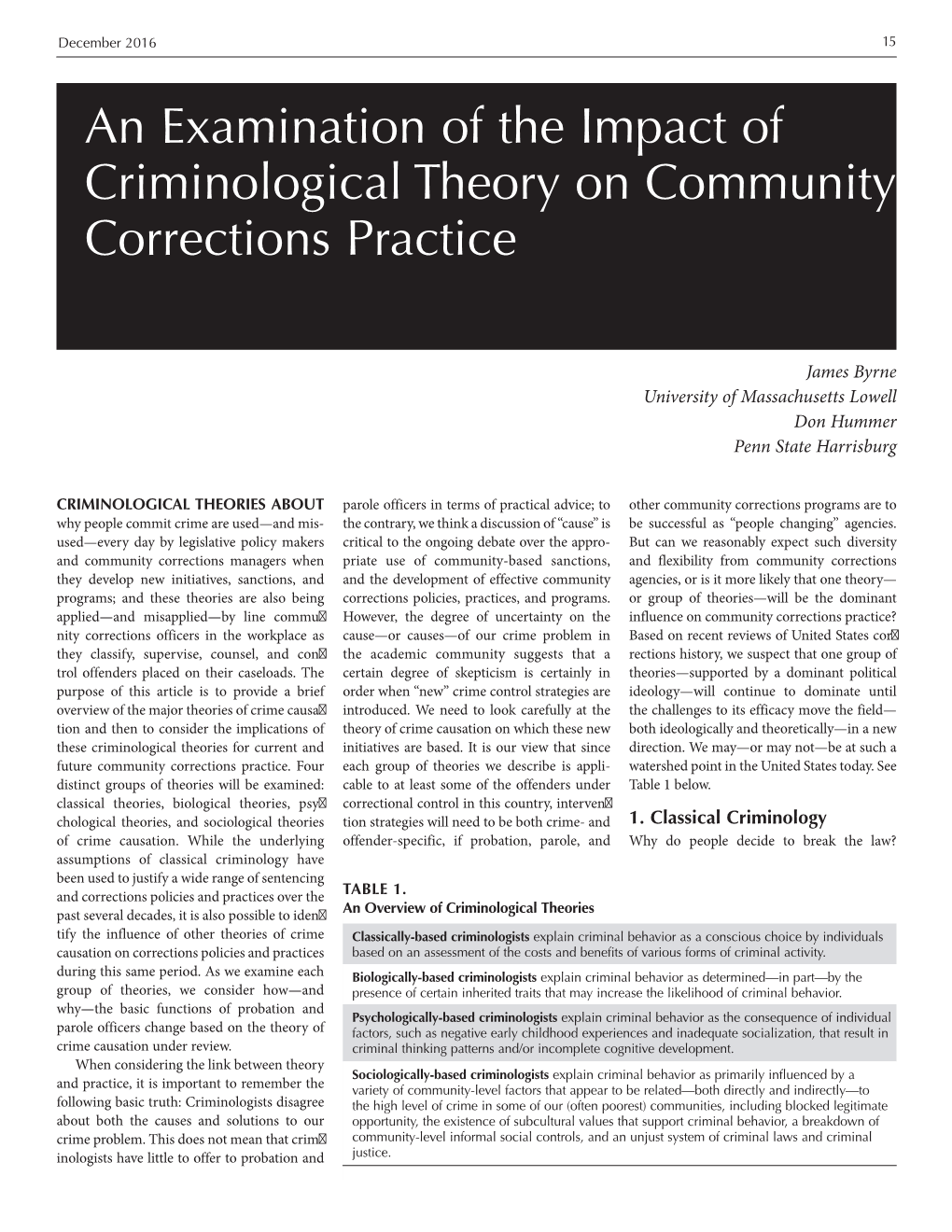 An Examination of the Impact of Criminological Theory on Community Corrections Practice