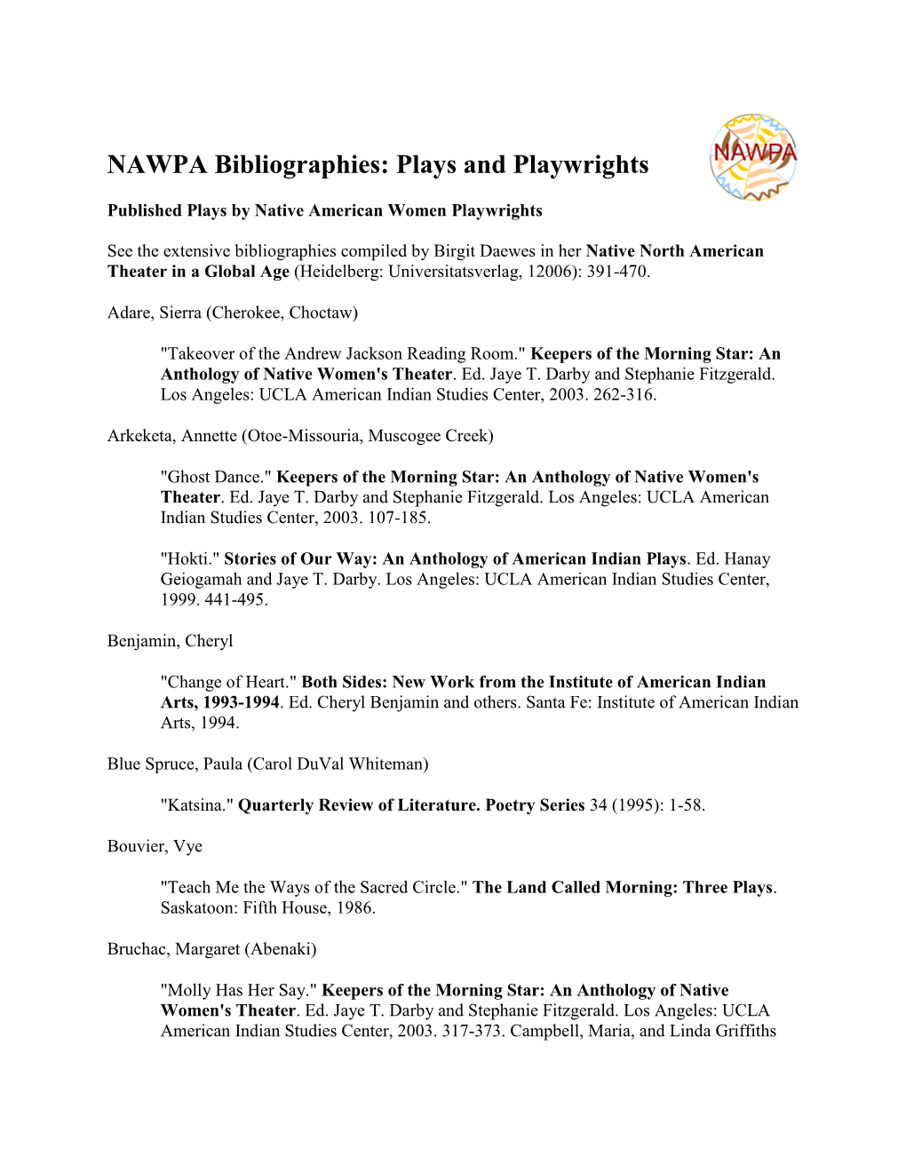 NAWPA Bibliographies: Plays and Playwrights