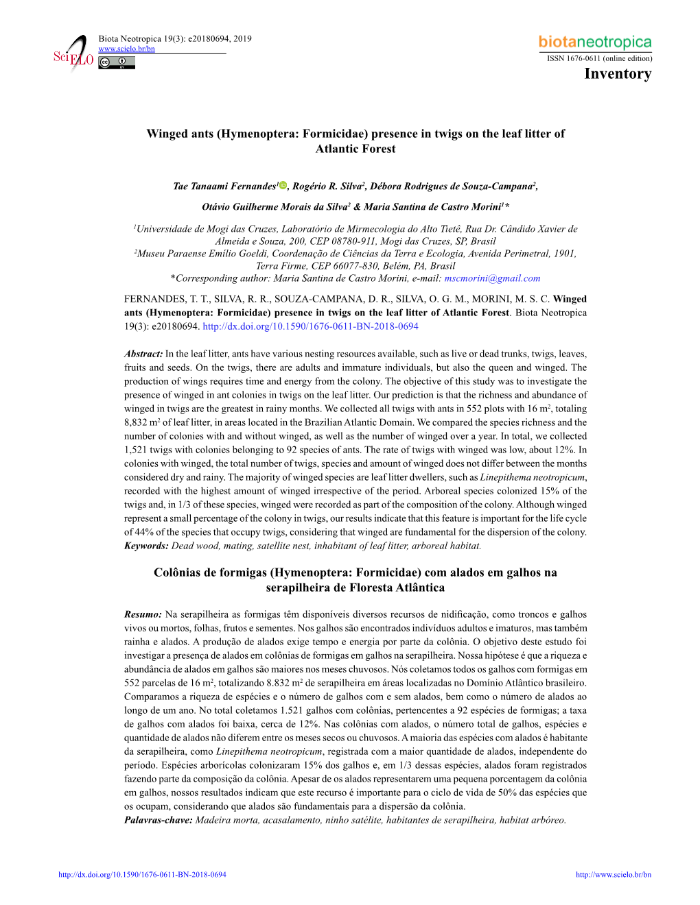 Winged Ants (Hymenoptera: Formicidae) Presence in Twigs on the Leaf Litter of Atlantic Forest