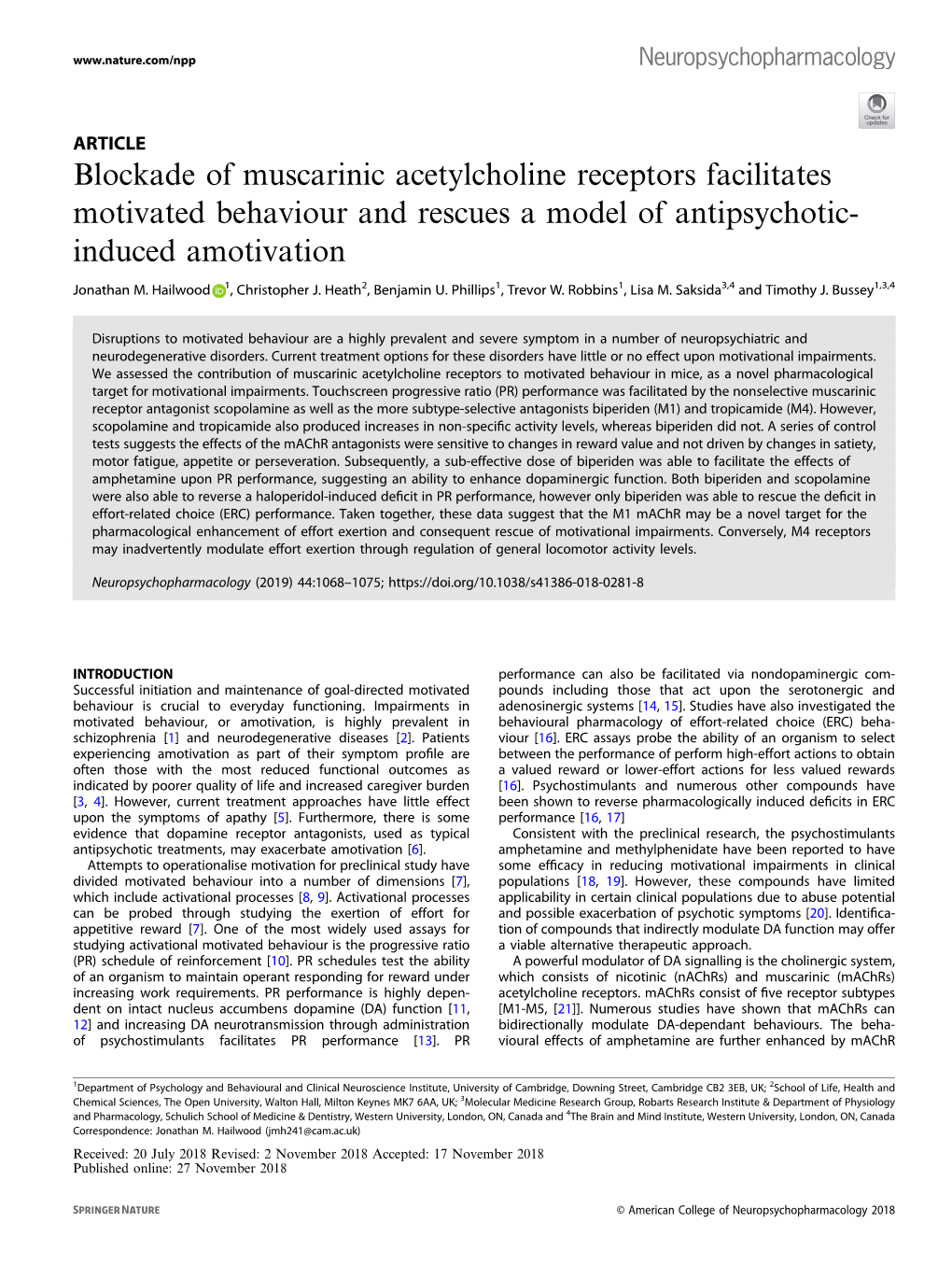 Blockade of Muscarinic Acetylcholine Receptors Facilitates Motivated Behaviour and Rescues a Model of Antipsychotic- Induced Amotivation