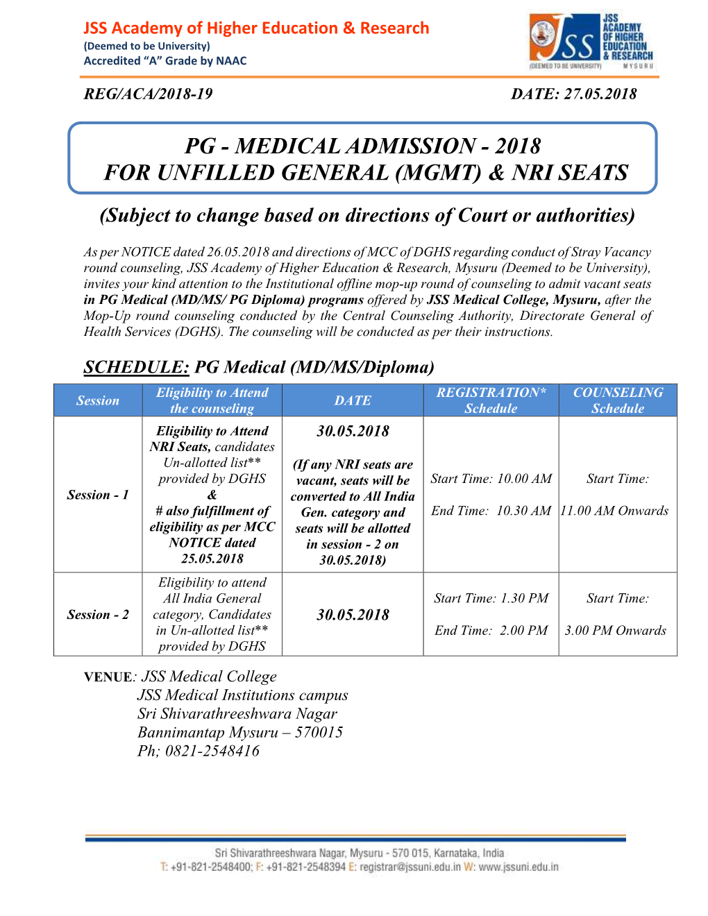 Pg - Medical Admission - 2018 for Unfilled General (Mgmt) & Nri Seats