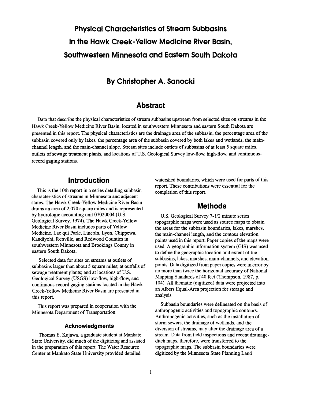 Physical Characteristics of Stream Subbasins in the Hawk Creek-Yellow Medicine River Basin, Southwestern Minnesota and Eastern South Dakota