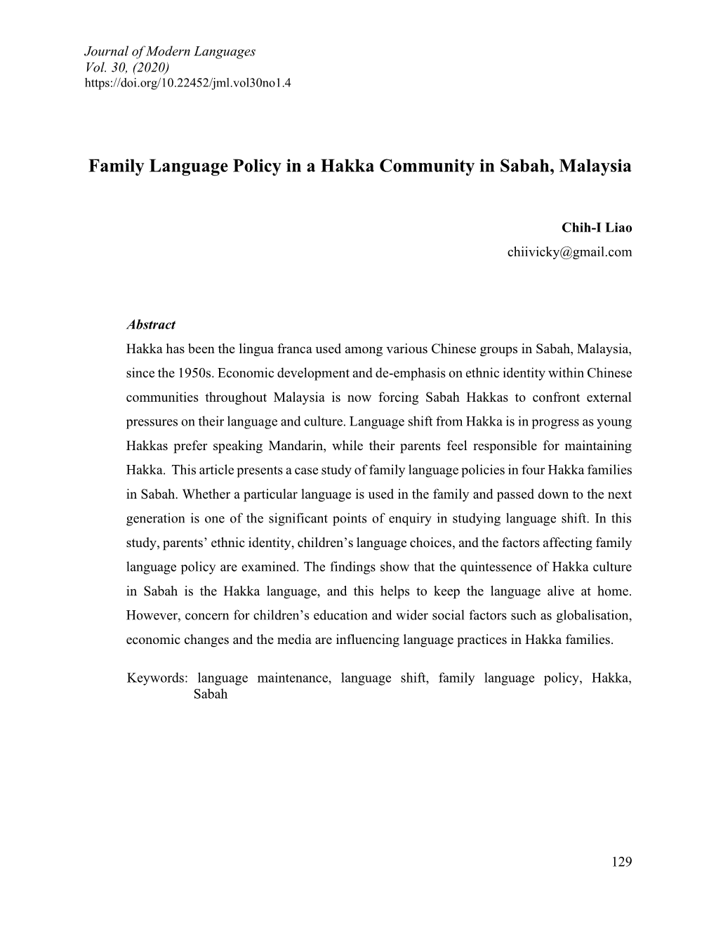 Family Language Policy in a Hakka Community in Sabah, Malaysia