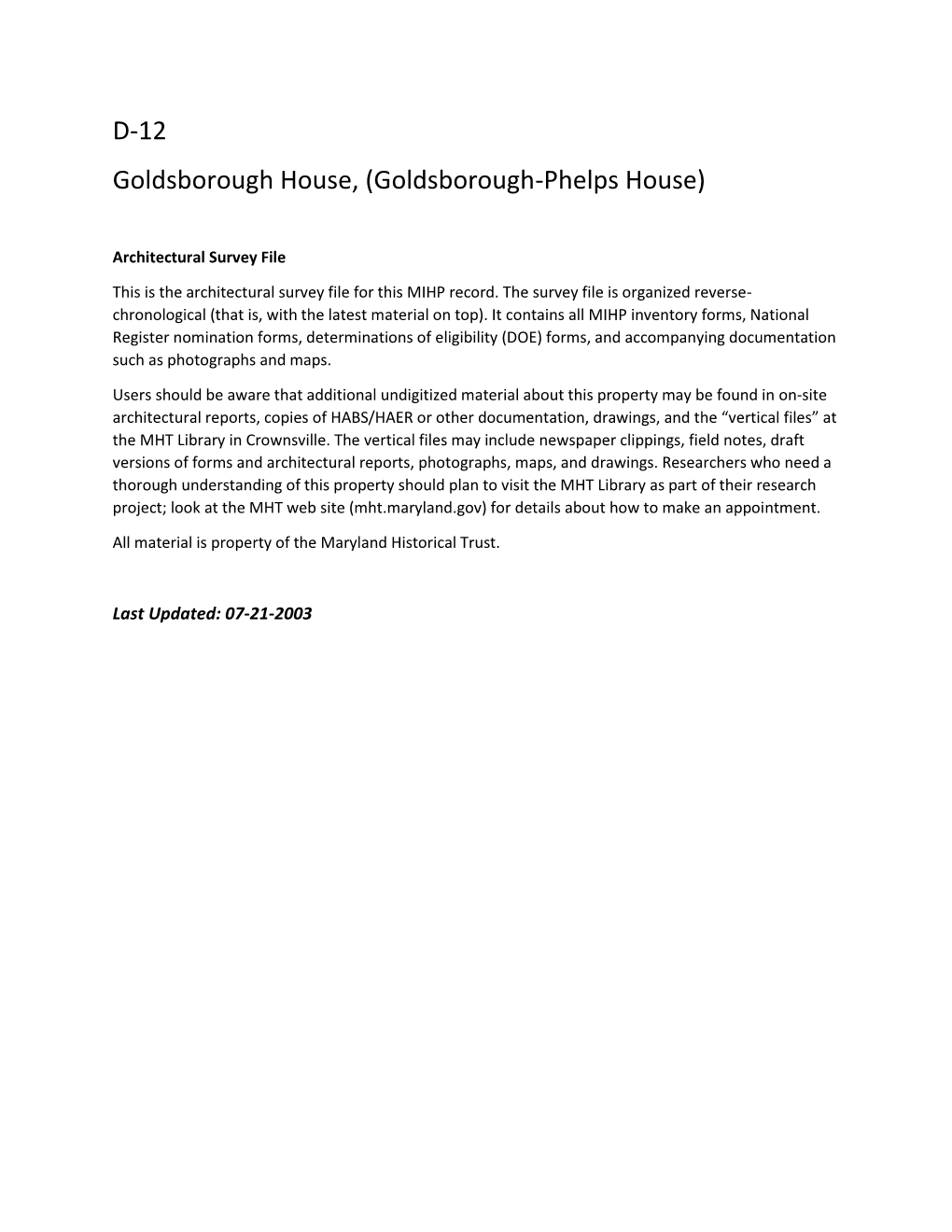 D-12 Goldsborough House, (Goldsborough-Phelps House)