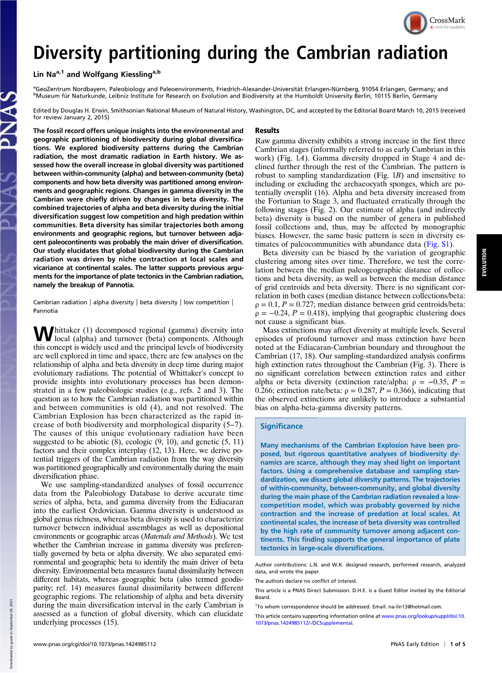 Diversity Partitioning During the Cambrian Radiation