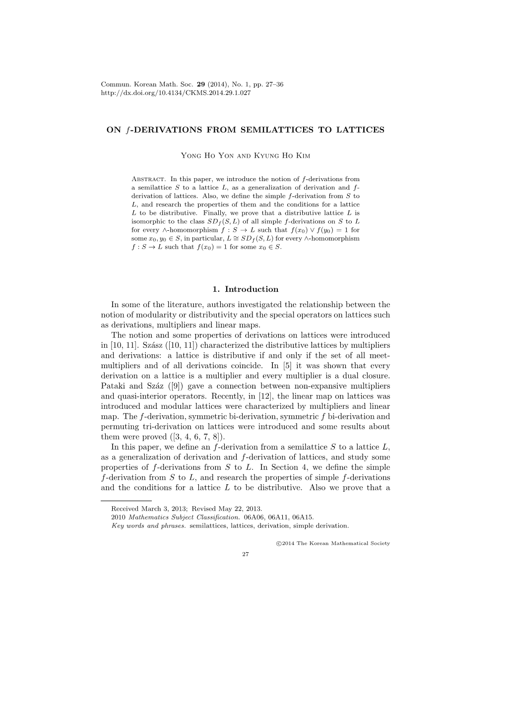 ON F-DERIVATIONS from SEMILATTICES to LATTICES