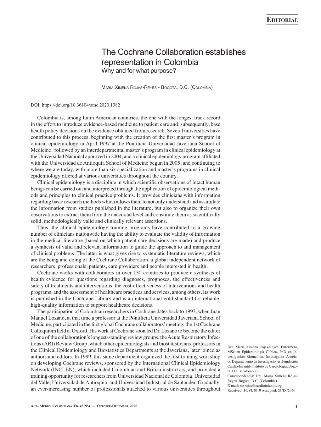 The Cochrane Collaboration Establishes Representation in Colombia Why and for What Purpose?