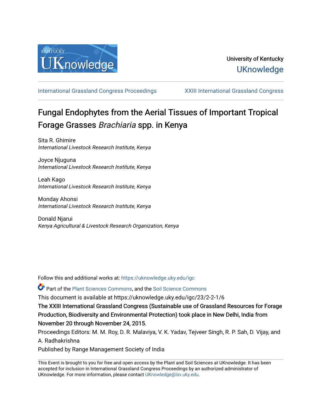 Fungal Endophytes from the Aerial Tissues of Important Tropical Forage Grasses Brachiaria Spp