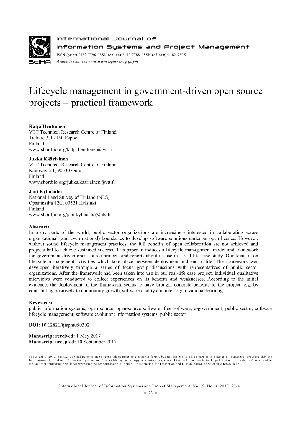 Lifecycle Management in Government-Driven Open Source Projects – Practical Framework