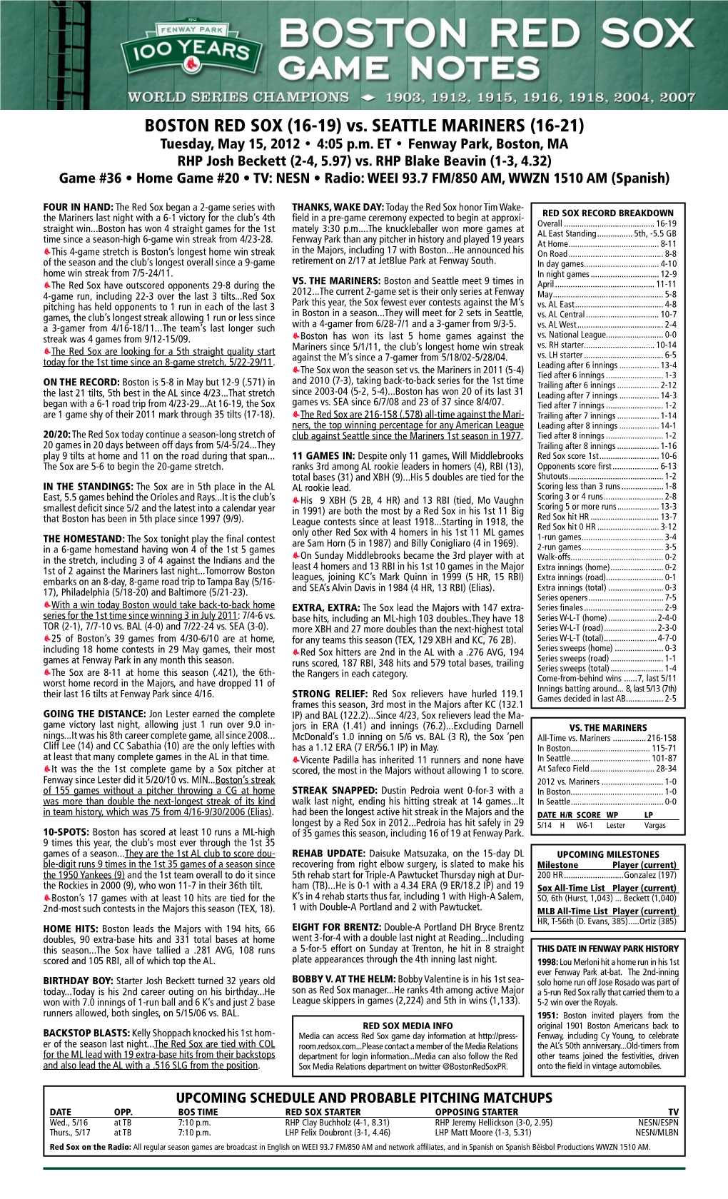 Red Sox Game Notes Page 2 TODAY’S STARTING PITCHER 19-JOSH BECKETT, RHP 2-4, 5.97 ERA, 6 Starts 2012: 2-4, 5.97 ERA (23 ER/34.2 IP) in 6 GS 2011 Vs