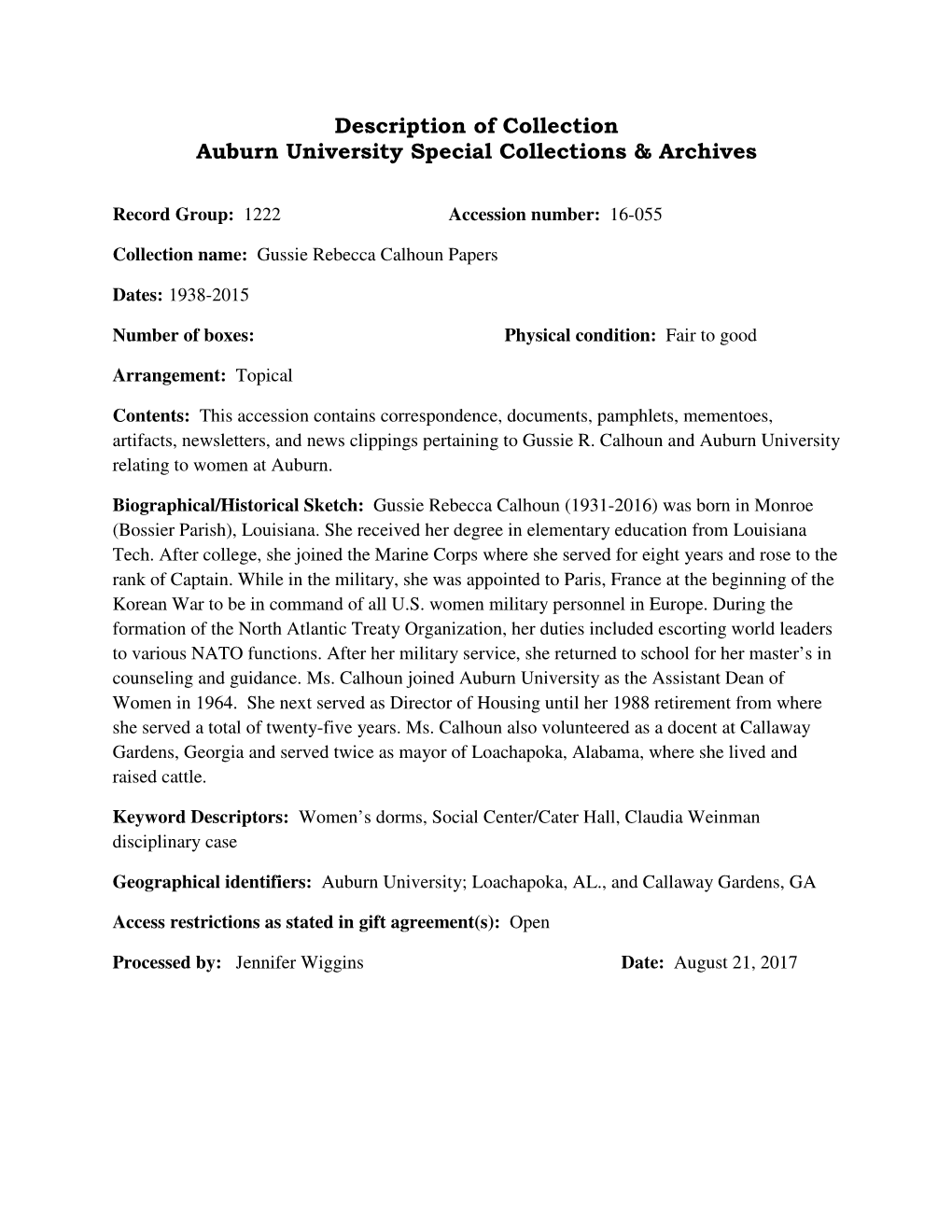 Description of Collection Auburn University Special Collections & Archives