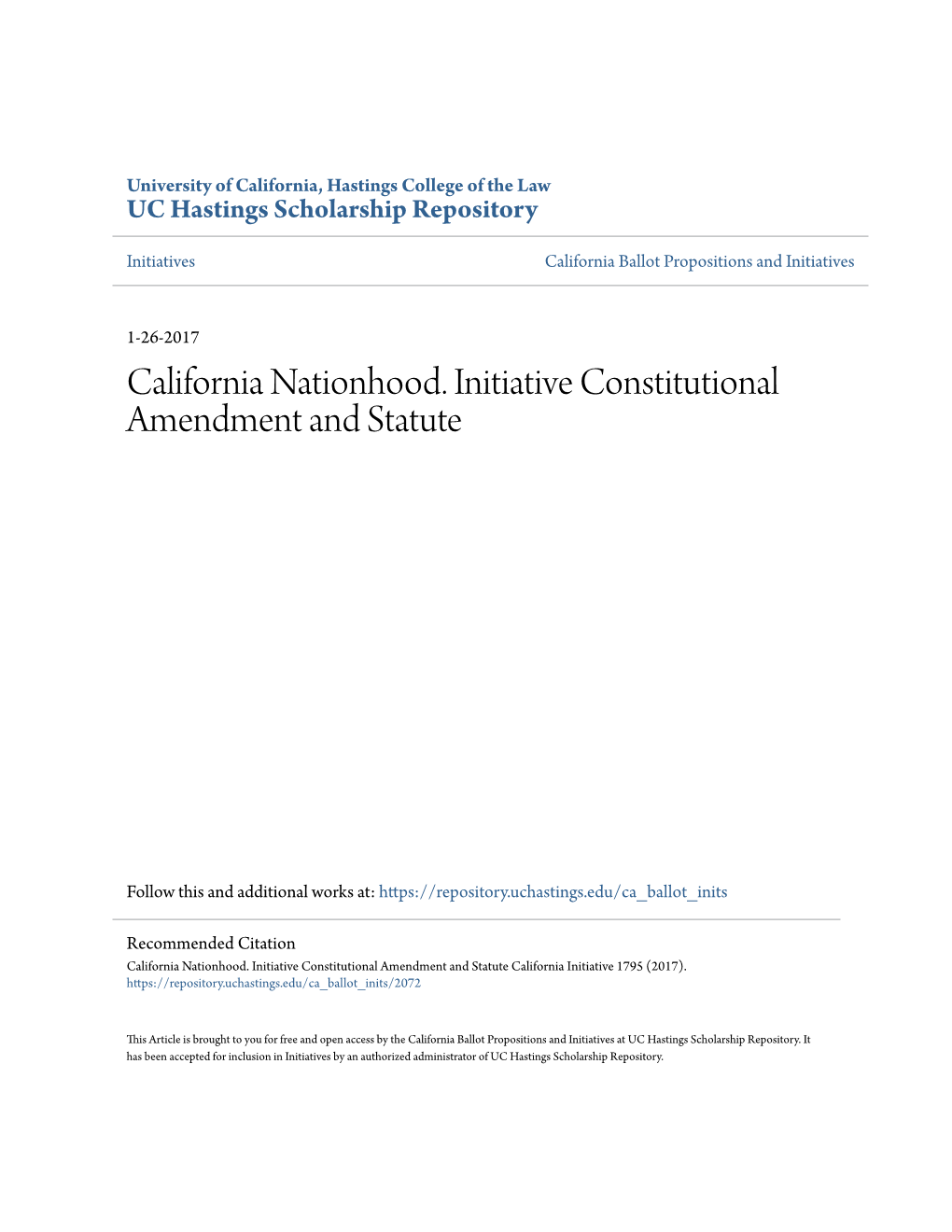 California Nationhood. Initiative Constitutional Amendment and Statute