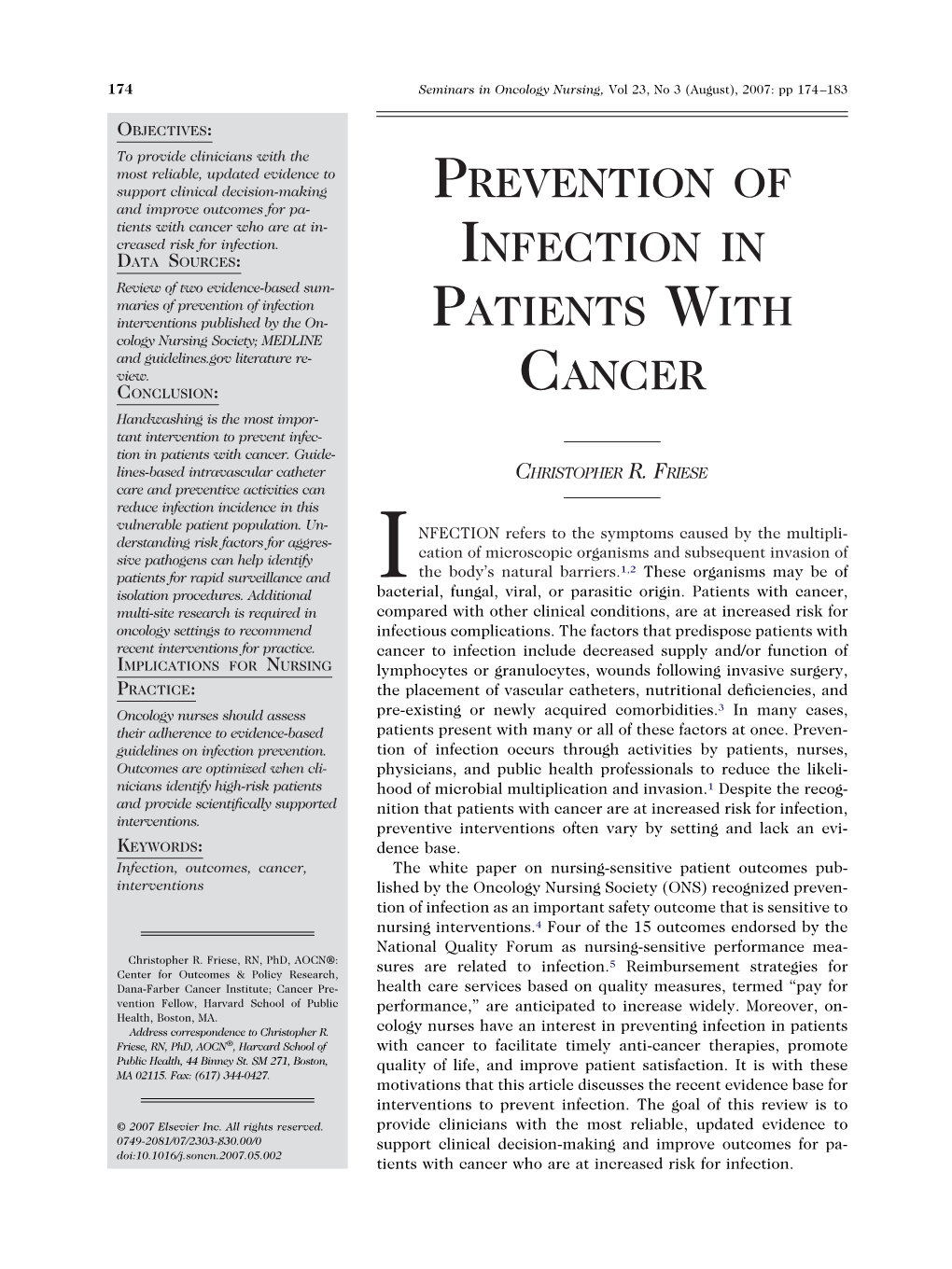 Prevention of Infection in Patients with Cancer