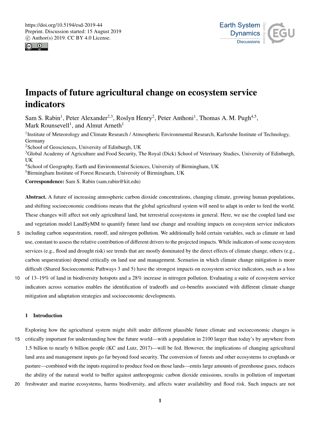 Impacts of Future Agricultural Change on Ecosystem Service Indicators Sam S