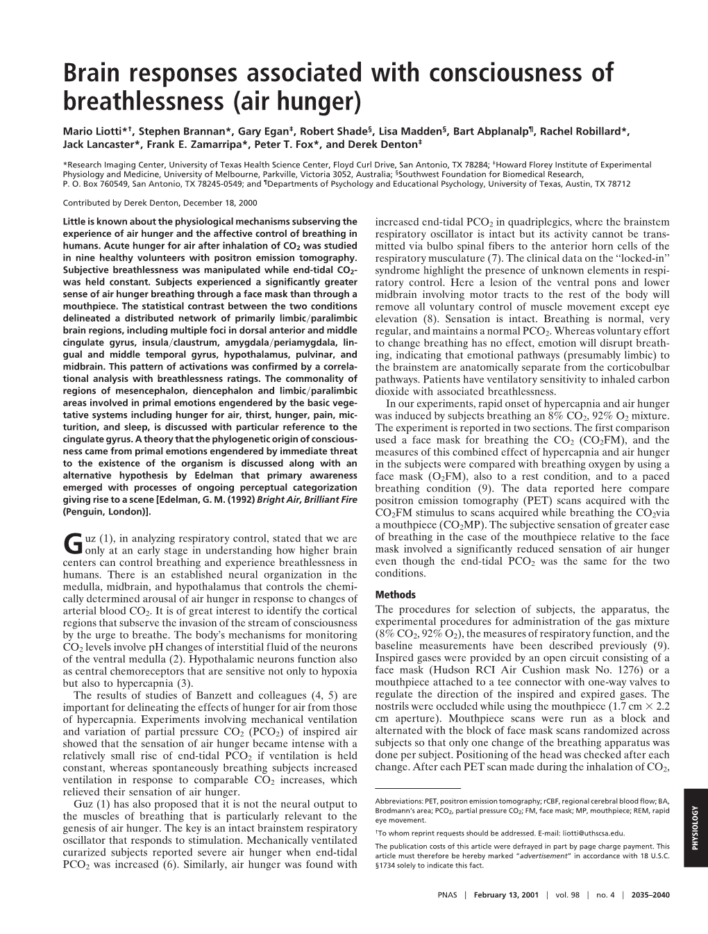 Brain Responses Associated with Consciousness of Breathlessness (Air Hunger)