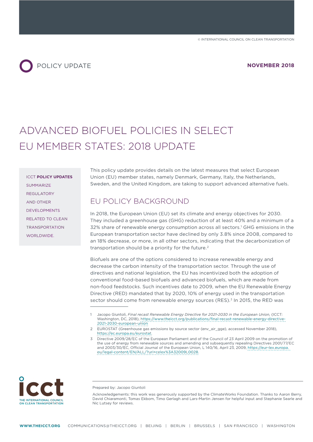 Advanced Biofuel Policies in Select Eu Member States: 2018 Update