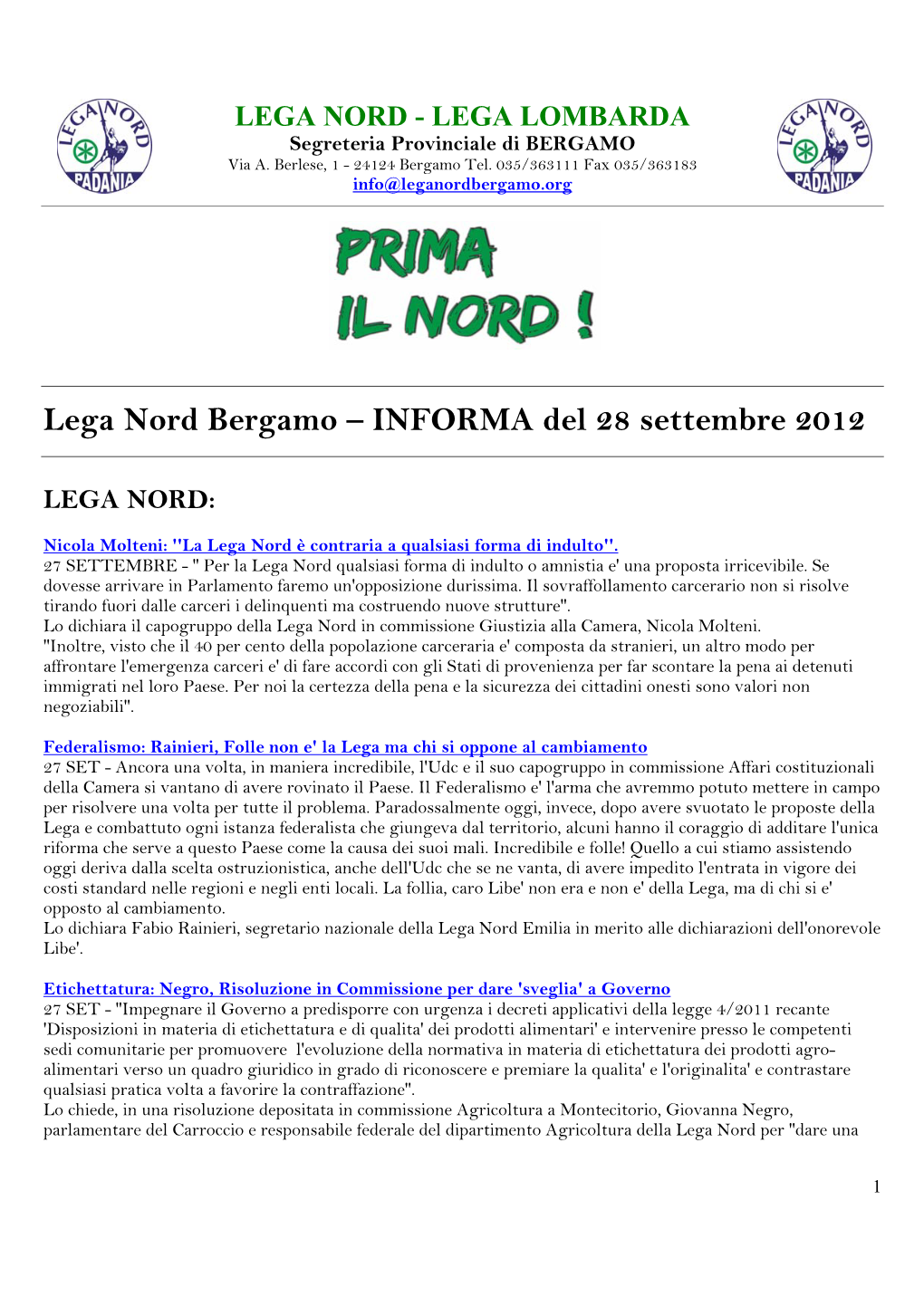 Lega Nord Bergamo – INFORMA Del 28 Settembre 2012