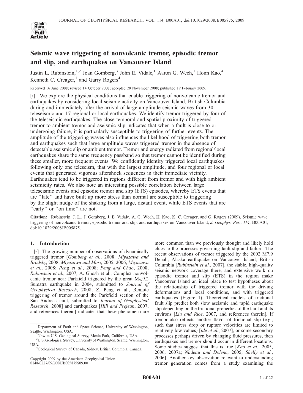 Seismic Wave Triggering of Nonvolcanic Tremor, Episodic Tremor and Slip, and Earthquakes on Vancouver Island Justin L