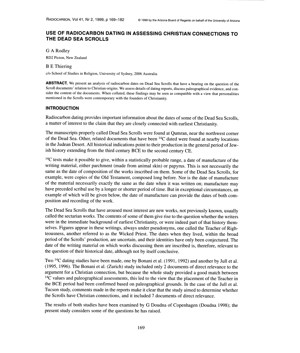 Use of Radiocarbon Dating in Assessing Christian Connections to the Dead Sea Scrolls