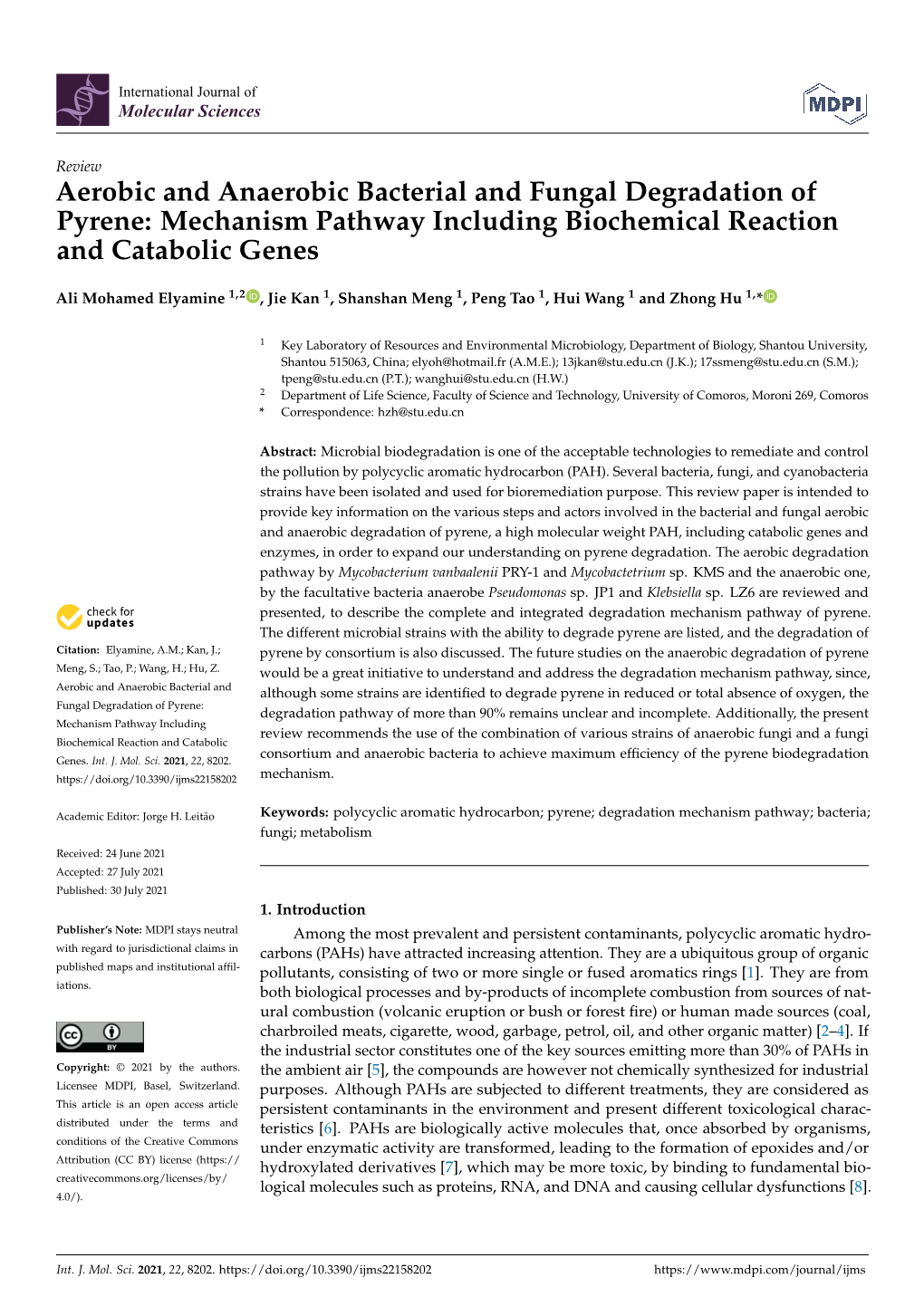 Aerobic and Anaerobic Bacterial and Fungal Degradation of Pyrene: Mechanism Pathway Including Biochemical Reaction and Catabolic Genes