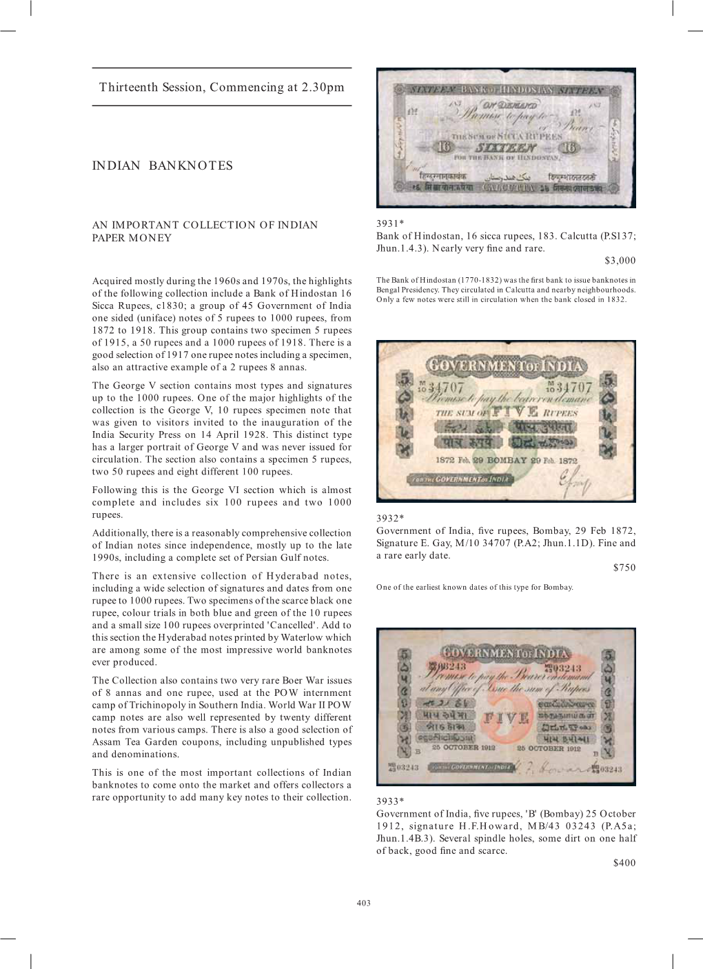 Thirteenth Session, Commencing at 2.30Pm INDIAN BANKNOTES