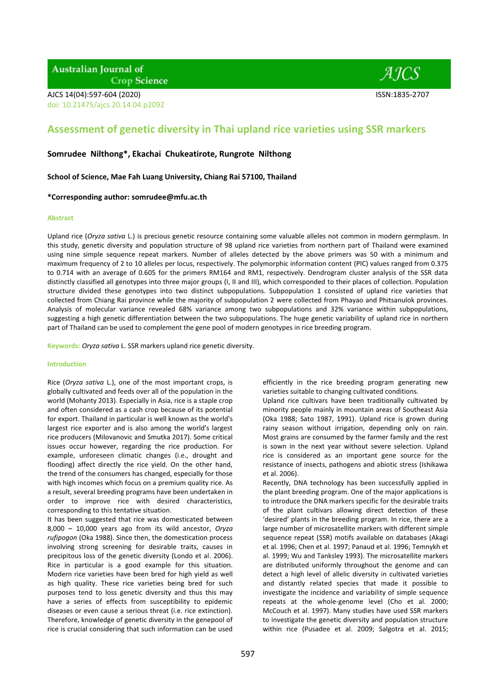 Assessment of Genetic Diversity in Thai Upland Rice Varieties Using SSR Markers