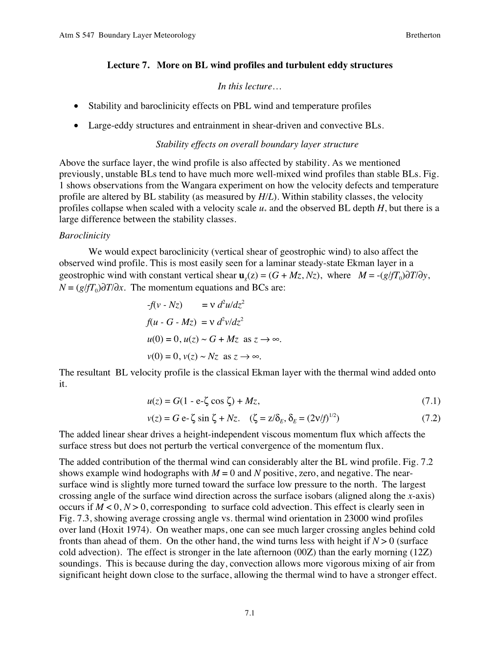 Lecture 7. More on BL Wind Profiles and Turbulent Eddy Structures in This