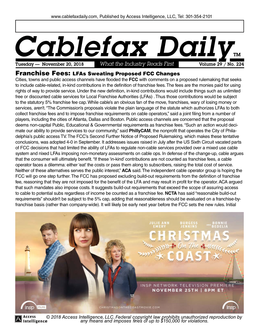 Cablefax Dailytm Tuesday — November 20, 2018 What the Industry Reads First Volume 29 / No