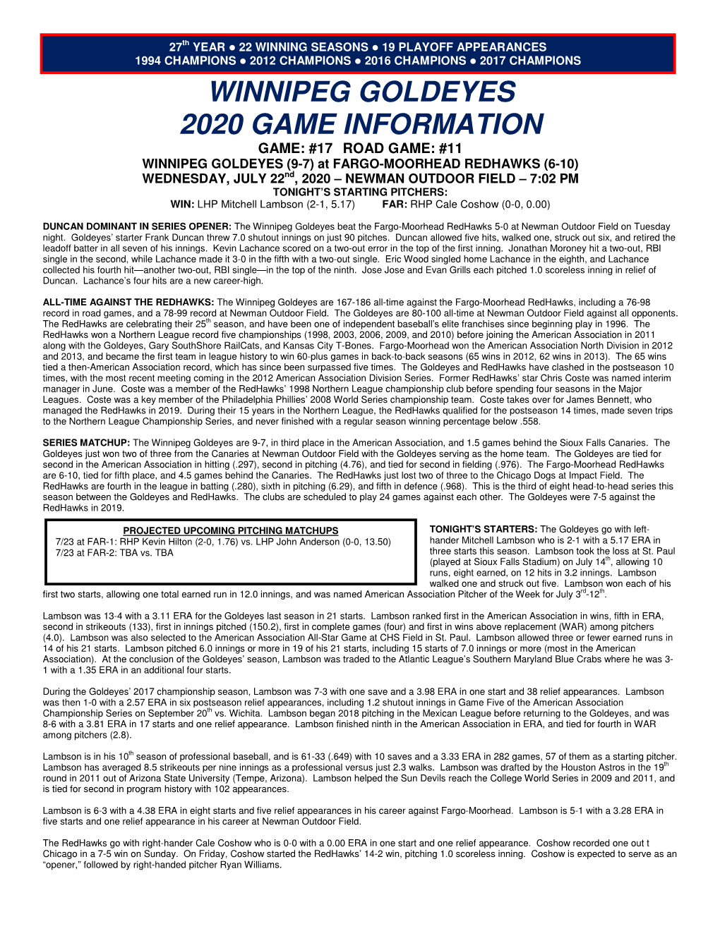 Winnipeg Goldeyes 2020 Game Information