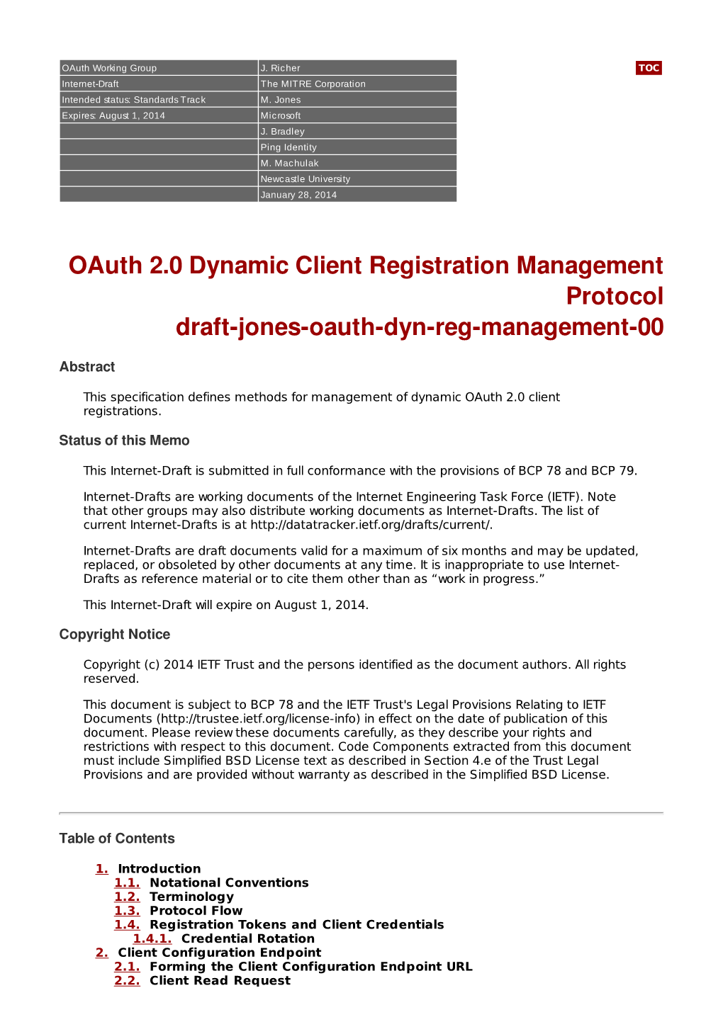 Oauth 2.0 Dynamic Client Registration Management Protocol Draft-Jones-Oauth-Dyn-Reg-Management-00