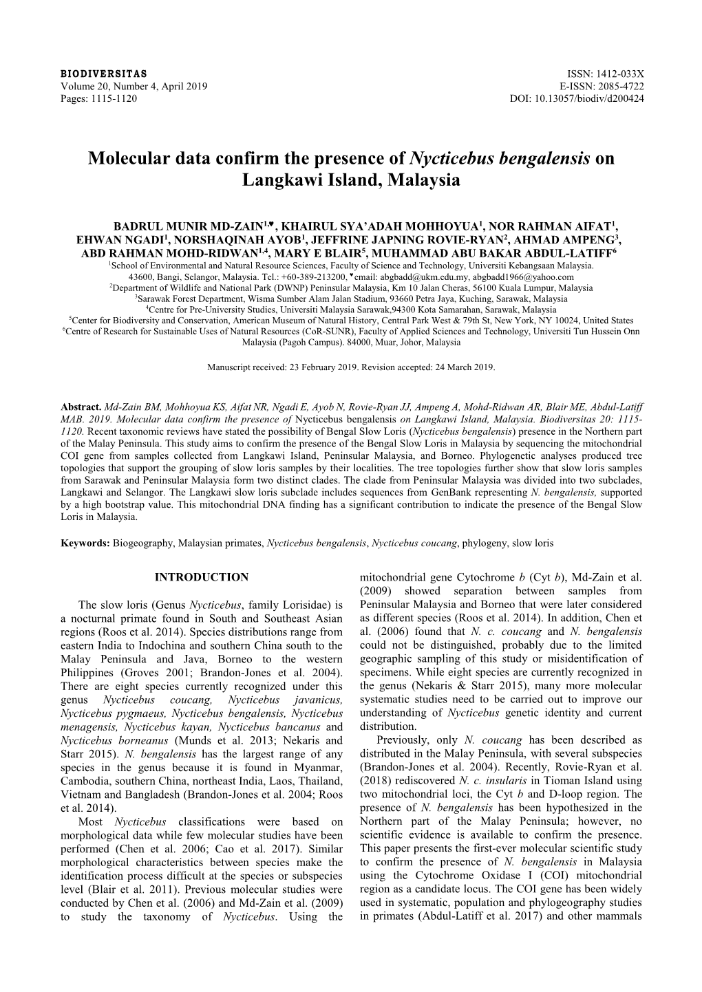 Molecular Data Confirm the Presence of Nycticebus Bengalensis on Langkawi Island, Malaysia