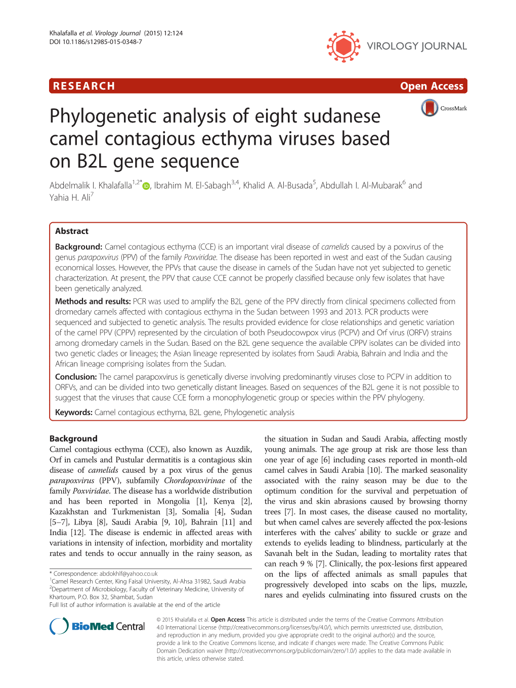 Phylogenetic Analysis of Eight Sudanese Camel Contagious Ecthyma Viruses Based on B2L Gene Sequence Abdelmalik I