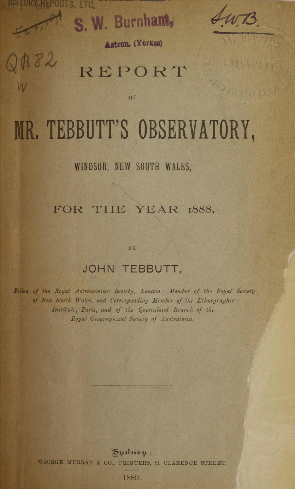 OF MR. TEBBUTT's OBSERVATORY, Fellow of the Royal Astronomical Society, Londo