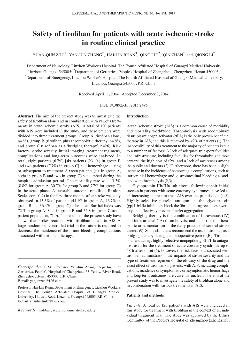 Safety of Tirofiban for Patients with Acute Ischemic Stroke in Routine Clinical Practice