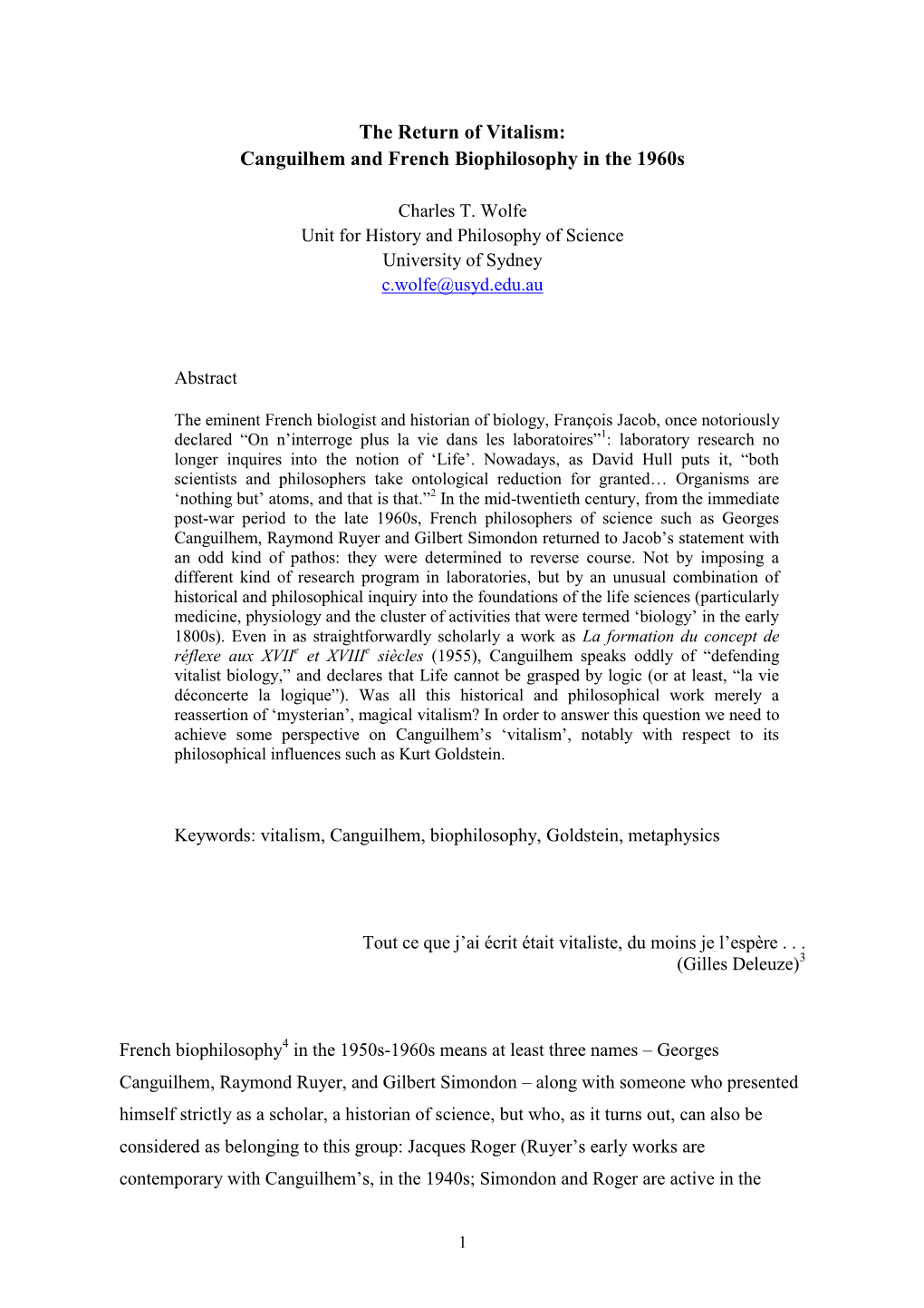 The Return of Vitalism: Canguilhem and French Biophilosophy in the 1960S