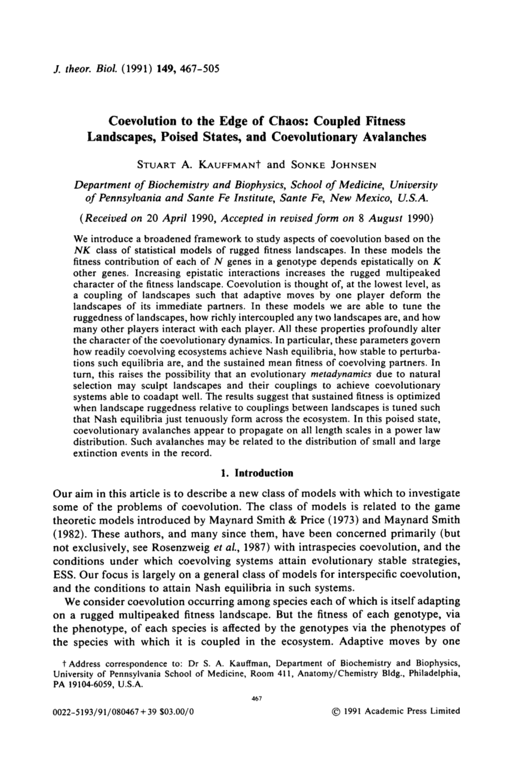 Coevolution to the Edge of Chaos: Coupled Fitness Landscapes, Poised States, and Coevolutionary Avalanches