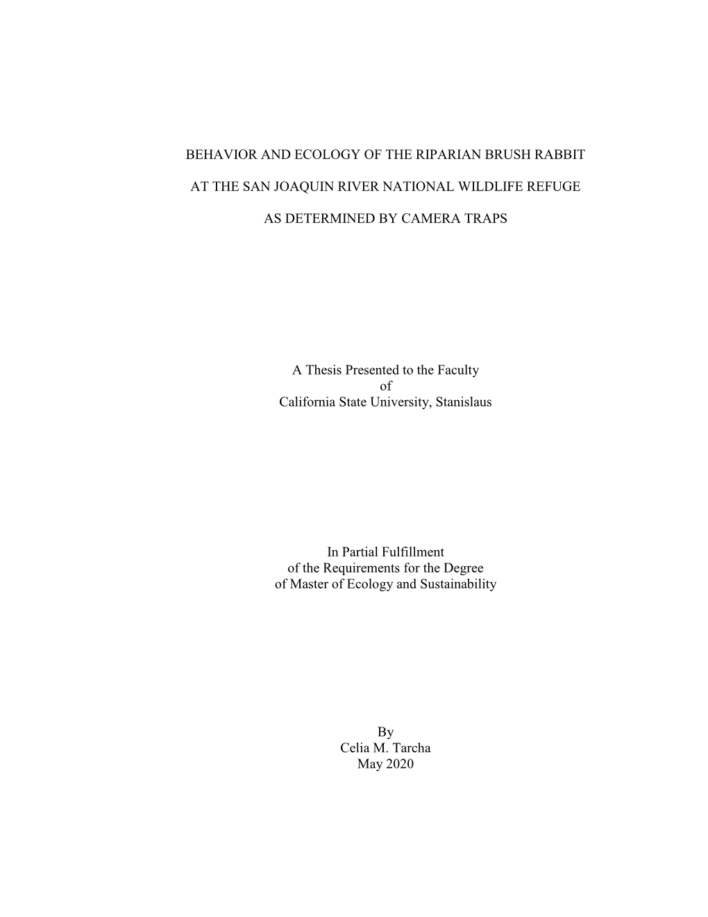 Behavior and Ecology of the Riparian Brush Rabbit at the San Joaquin