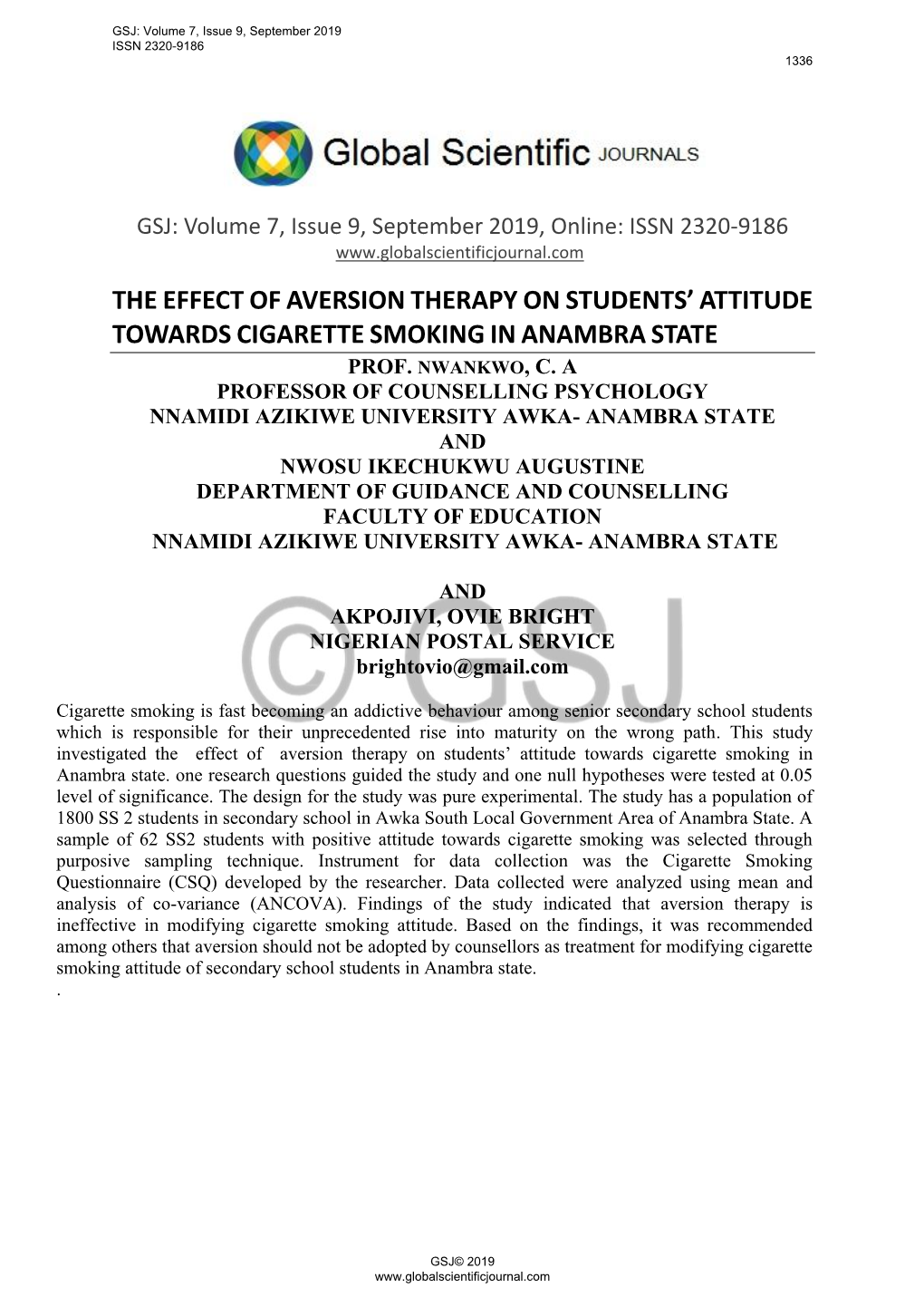 The Effect of Aversion Therapy on Students’ Attitude Towards Cigarette Smoking in Anambra State Prof