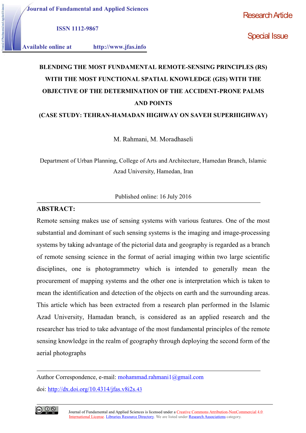 Journal of Fundamental and Applied Sciences Research Article ISSN 1112-9867 Special Issue Available Online At