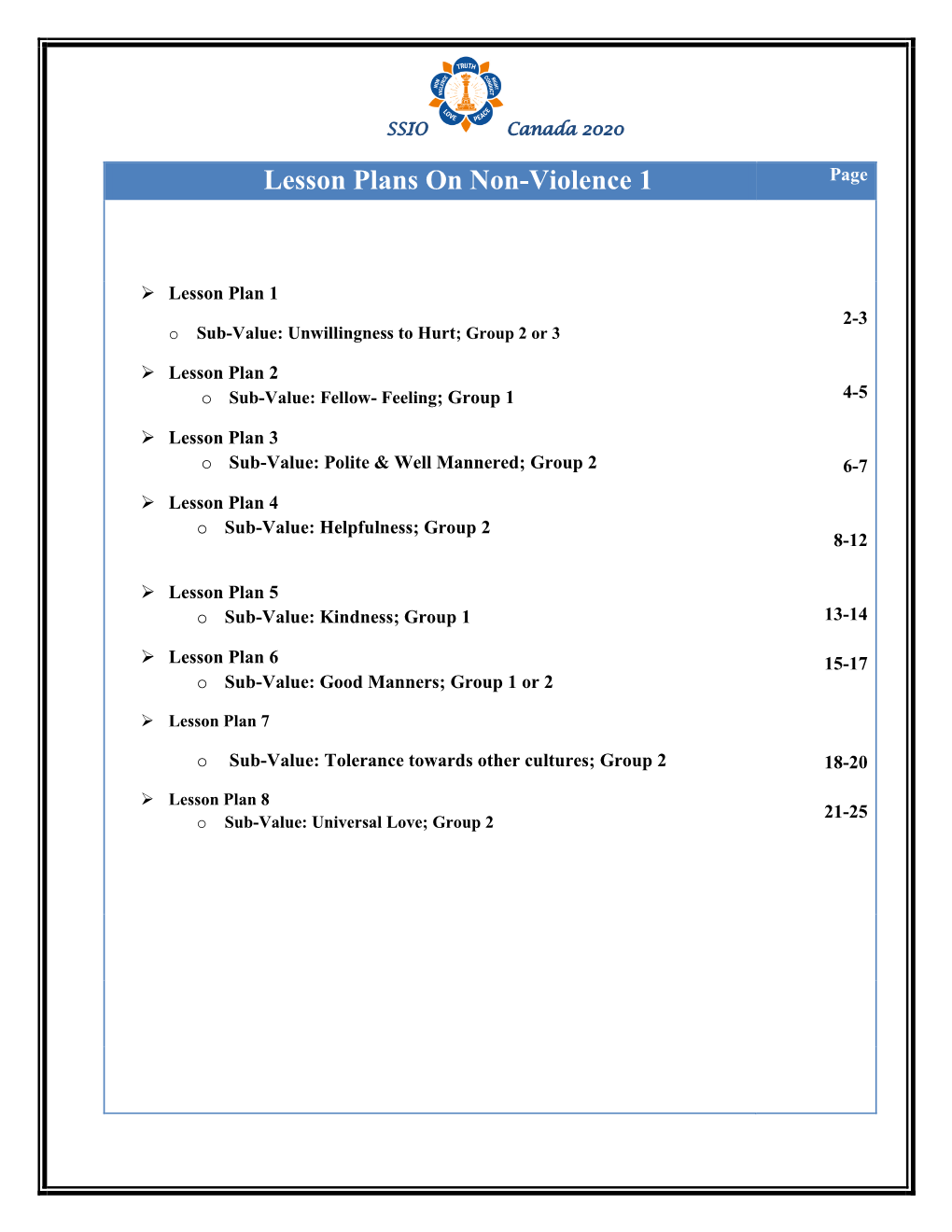 Lesson Plans on Non-Violence 1 Page