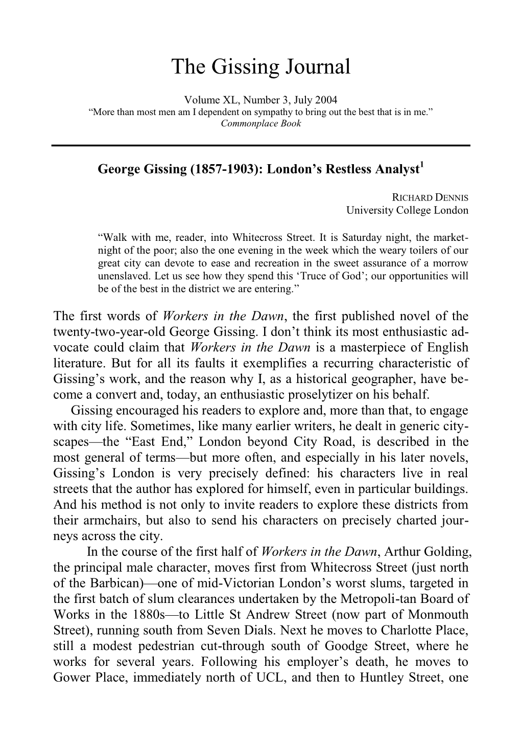 George Gissing: London's Restless Analyst