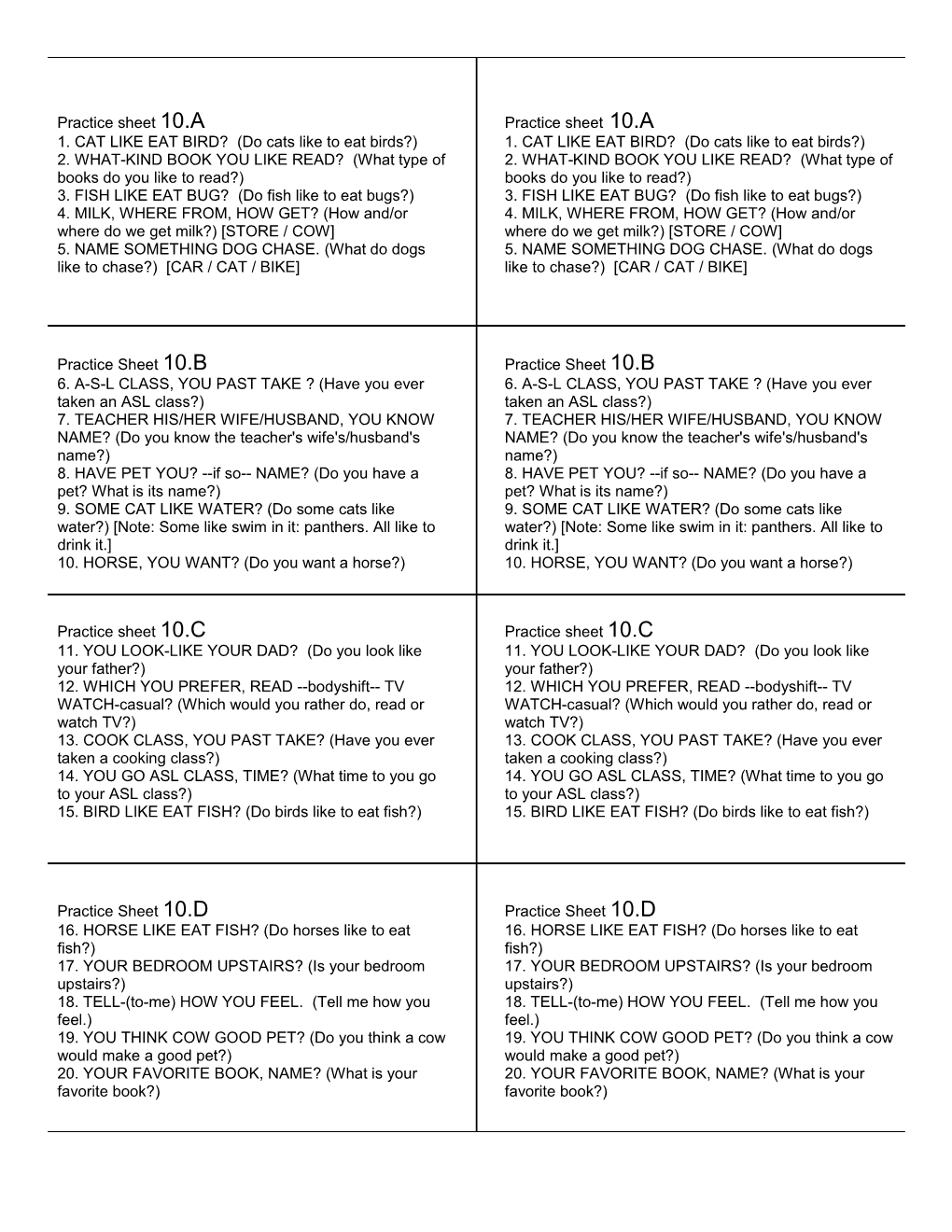 Level 1 Practice Cards () Format