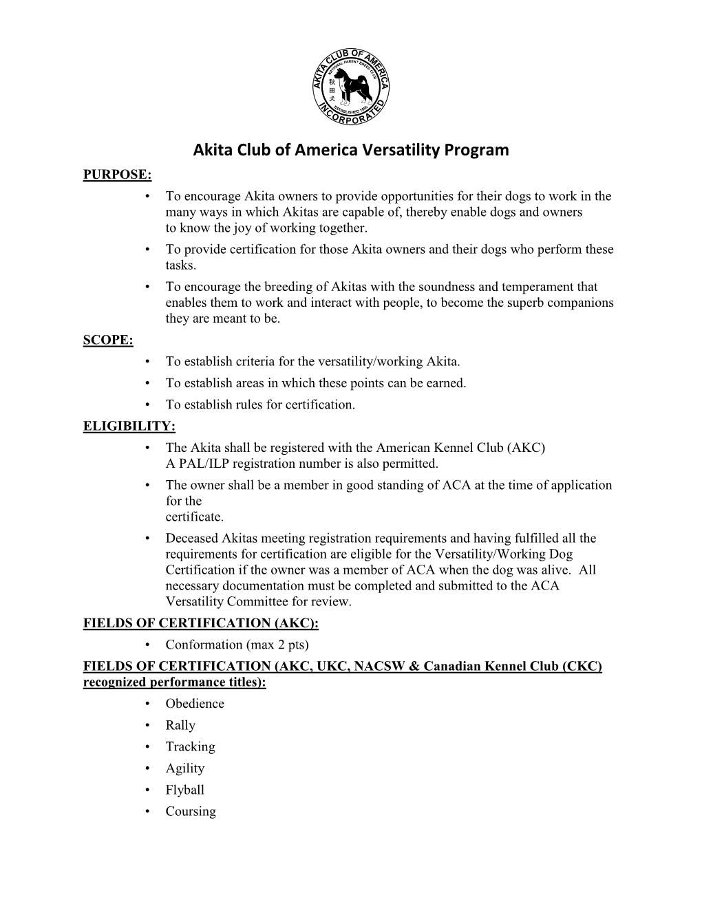 Akita Club of America Versatility Program