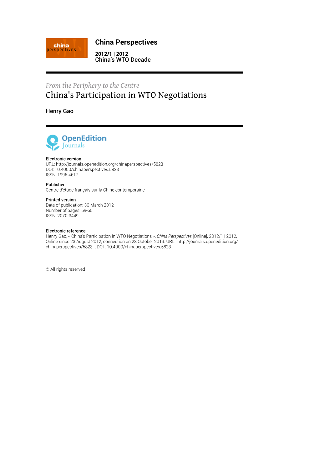 China's Participation in WTO Negotiations
