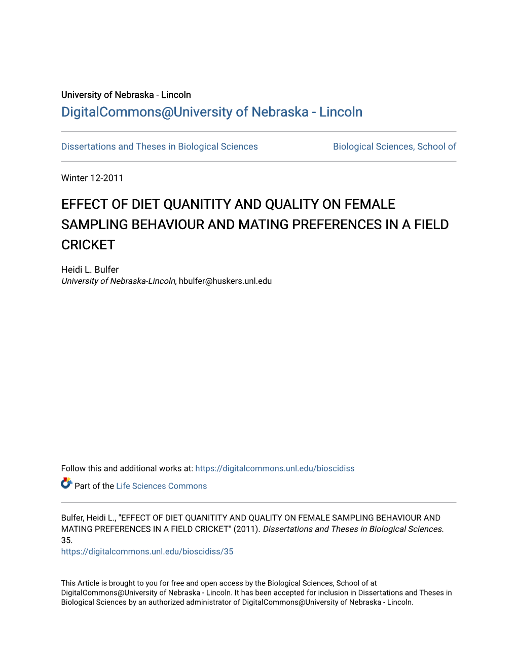 Effect of Diet Quanitity and Quality on Female Sampling Behaviour and Mating Preferences in a Field Cricket