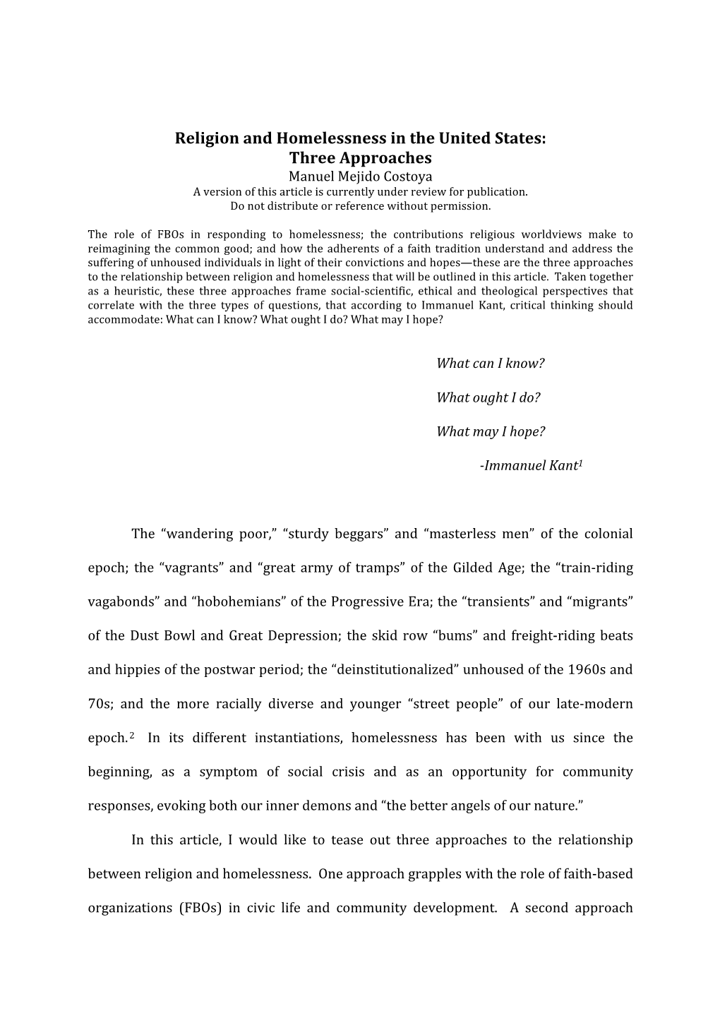 Religion and Homelessness in the United States: Three Approaches Manuel Mejido Costoya a Version of This Article Is Currently Under Review for Publication