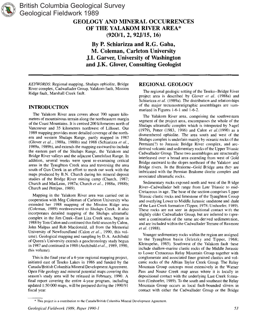 British Columbia Geological Survey Geological Fieldwork 1989