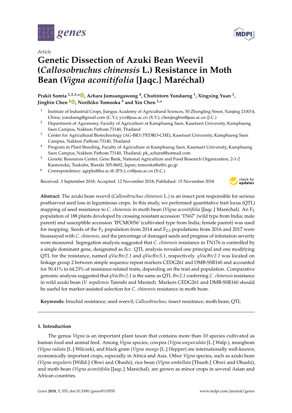 Genetic Dissection of Azuki Bean Weevil (Callosobruchus Chinensis L.) Resistance in Moth Bean (Vigna Aconitifolia [Jaqc.] Maréchal)