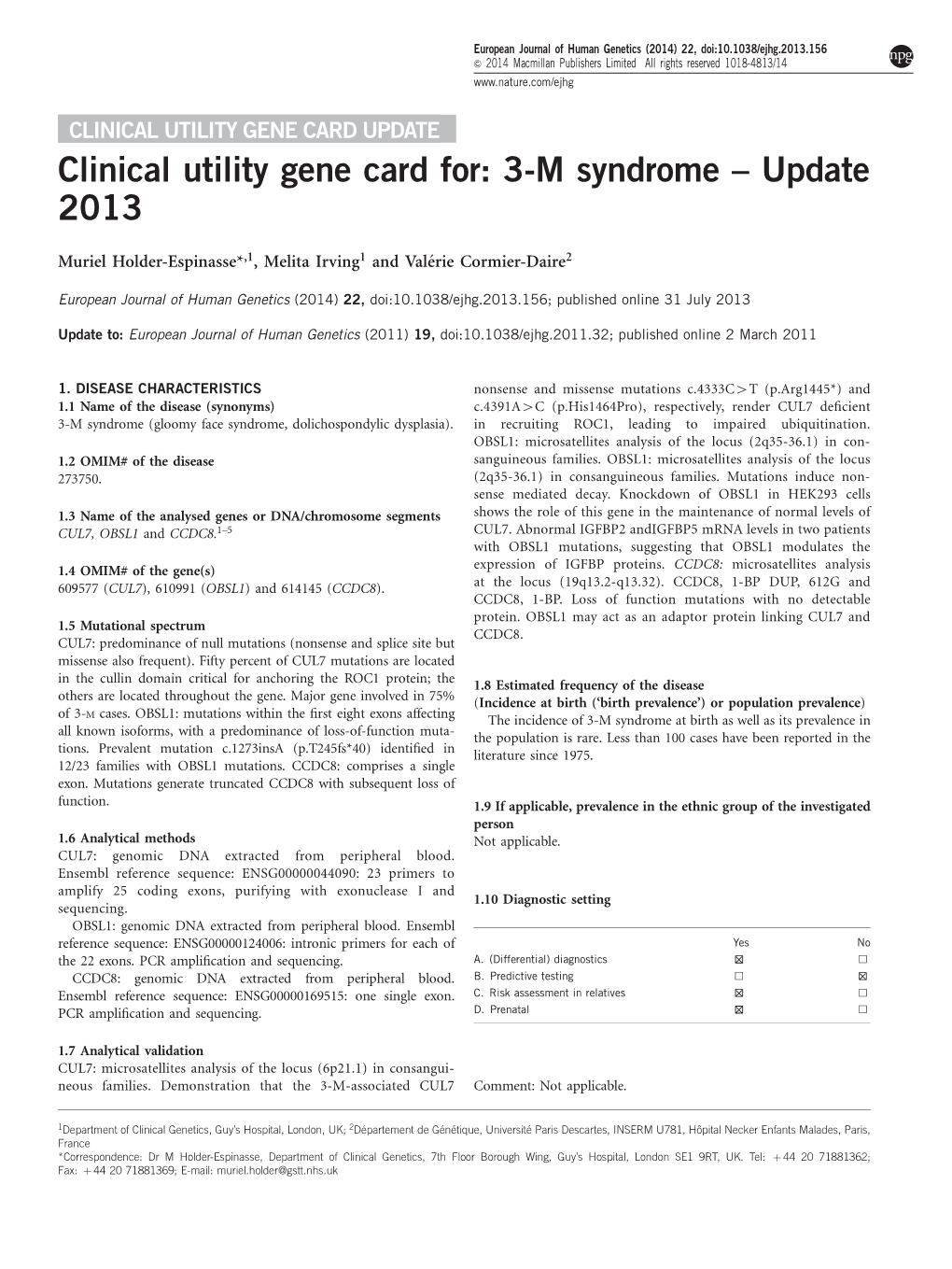 Clinical Utility Gene Card For: 3-M Syndrome – Update 2013